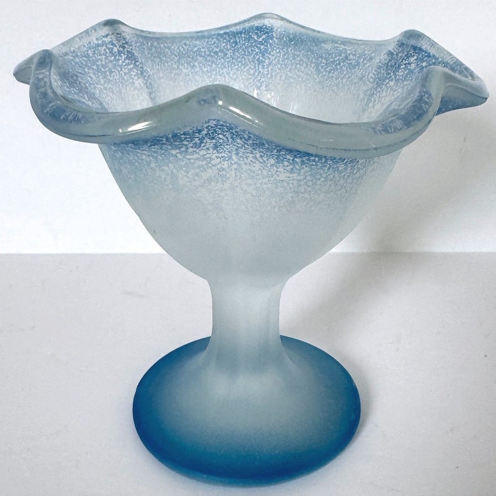 Vintage KIG Indonesia Blue Ombre Frosted Glass Pedestal Bowl Cottagecore Decor